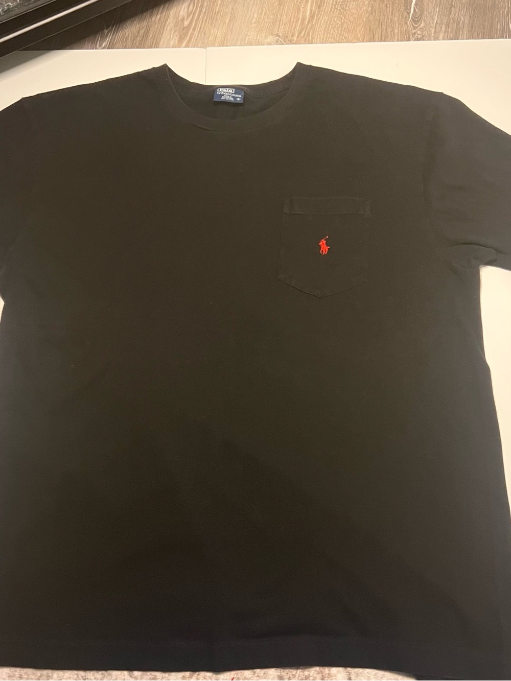 Vintage Blue Tag Ralph Lauren Men's Black Pocket T-Shirt with Red Pony Logo